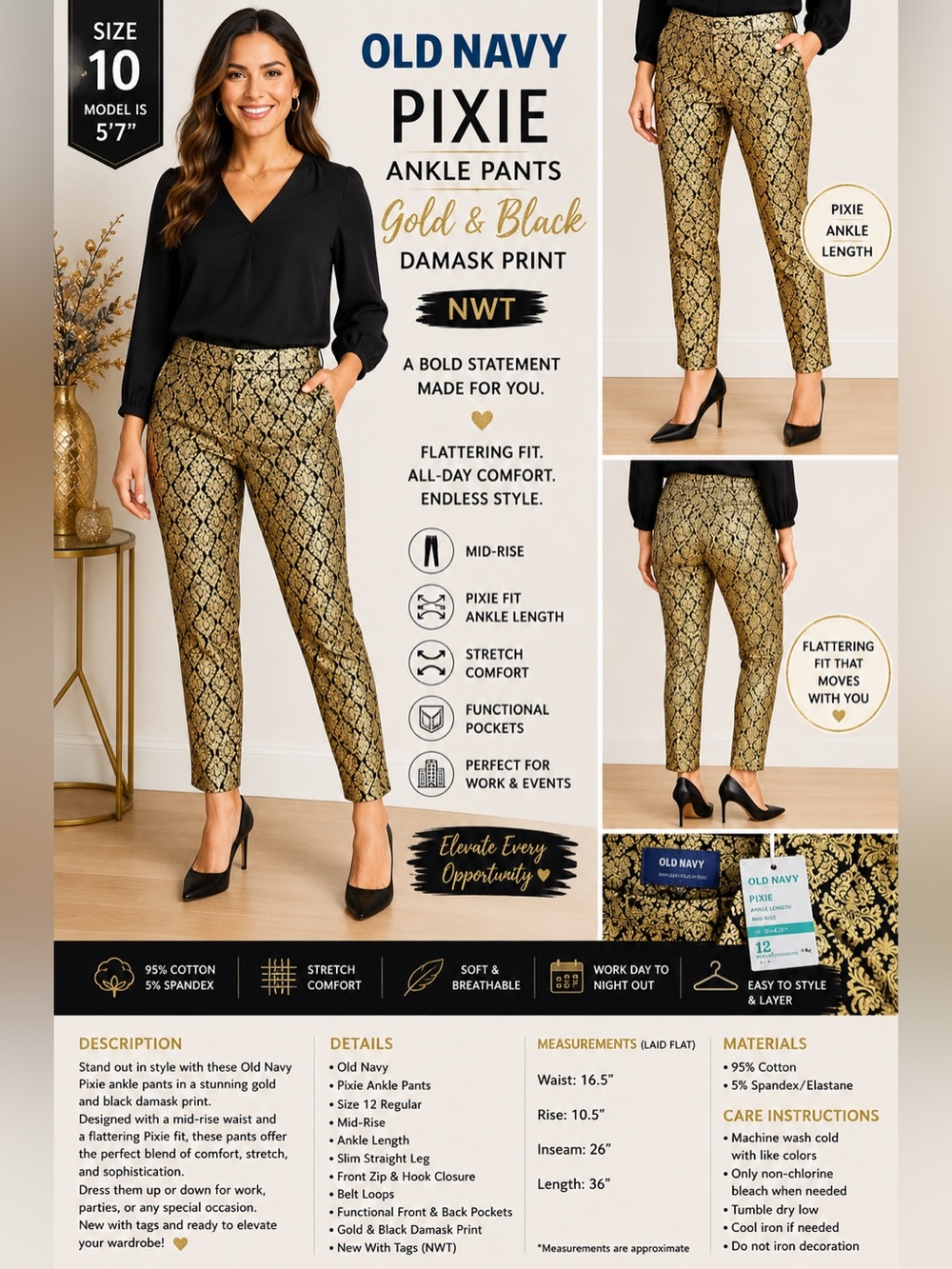 NWT Old Navy Pixie Ankle Pants Gold & Black Damask Print Size 12 Regular